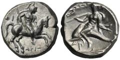 ANCIENT COINS Greece, Calabria, Tarentum, NomosBeautiful didrachm (sometimes also called a nomos) minted in Tarentum - one of the most important poles in Calabria. GreeceCalabria, Tarentum, Didrachm 2