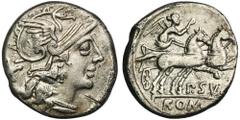 ANCIENT COINS Roman Republic, P. Sula, DenariusEx. ACR Auctions, 2014.Roman RepublicP. Sula, Denarius 151, mint Rome Obverse: helmeted head of Roma facing right, X in field Reverse: Diana in biga, ROM
