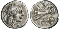 ANCIENT COINS Roman Republic, Cn. Papirius Carbo, DenariusRoman Republic Cn. Papirius Carbo (121 BC), Denarius 121 BC, mint Rome Obverse: helmeted head of Roma to right, laurel branch to left, mark of