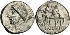 ANCIENT COINS Roman Republic, L. C. Memius L. f. Galeria, DenariusRoman RepublicL. C. Memius L. f. Galeria, Denar 87 BC, Rome mint Obverse:Head of Saturn left, control letter beneath chin EX S C Rever