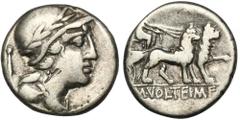 ANCIENT COINS Roman Republic, Volteius, DenariusRoman RepublicM. Volteius M. f., Denarius 75 BC, Rome mintObverse: laureate and bearded head of Jupiter rightReverse: tetrastyle temple of Jupiter Capit