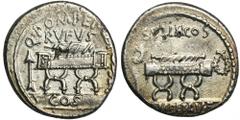 ANCIENT COINS Roman Republic, Q. Pompeius Rufus, DenariusEx. ACR Auctions, 2014.Roman Republic Q. Pompeius Rufus, Denarius 54 BC, Rome mint Obverse: curule chair, on the sides arrow and laurel branch,
