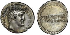 ANCIENT COINS Roman Republic, Marc Antony, Denarius - ex. Demarete Collection, RARERare and very well preserved Mark Antony denarius with the letter P behind the Emperor ear. This is the only known ex