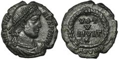 ANCIENT COINS Roman Imperial, Jovian, FollisRoman ImperialJovian (363–364), Follis 363–364, Aquileia mintObverse: pearl diademed, draped and cuirassed bust rightD N IOVIANVS P F AVGReverse: VOT V MVLT