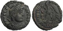 ANCIENT COINS Roman Imperial, Valens, FollisRoman ImperialValens (364–378), Follis 367-375, Siscia mint Obverse: diademed bust right D N VALENS P F AVG Reverse: Victoria walking left, holding wreath a