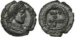 ANCIENT COINS Roman Imperial, Jovian, FollisRoman ImperialJovian (363–364), Follis 363–364, Aquileia mintObverse: pearl diademed, draped and cuirassed bust rightD N IOVIANVS P F AVGReverse: VOT V MVLT