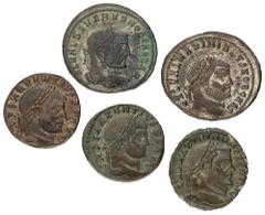 Foreign coins Roman Empire. Galierus, Severus II & Maxentius. Lot (5) Follis. ND (305 - 312 AD). KMO 122.66, KMP 127.23, KMP 129.17 (3X).