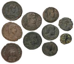 Foreign coins Roman Empire. Constantius Gallus, Valentianus I, Valens, Gratianus, Valentianus II, Theodosius I, Arcadius, Theodosius II. Lot (10) Centionalis. ND (351 - 450 AD). F - VF. Kampmann 152.1