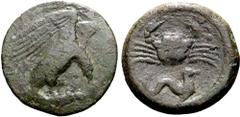 Greek Coins Sicily, Akragas, 425 - 406 BC AE Hemilitron, 27mm, 13.52 grams Obverse: Eagle standing right with wings spread open attacking hare held in talons. Reverse: Crab seen from above holding eel