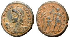 Roman Imperial Coins Constans, 337 - 350 AD AE Follis, Nicomedia Mint, 22mm, 4.67 grams Obverse: D N CONSTANS P F AVG, Draped and cuirassed bust of Constans left holding globe. Reverse: FEL TEMP REPAR