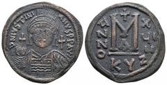 Byzantine Coins Justinian I, 527 - 565 AD AE Follis, Cyzicus Mint, 32mm, 18.82 grams Obverse: D N IVSTINIANVS P P AVI, Helmeted and cuirassed bust of Justinian facing holding globus cruicger and shiel
