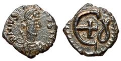 Byzantine Coins Justinian I, 527 - 565 AD AE Pentanummium, Theoupolis Mint, 15mm, 1.55 grams Obverse: D N IVSTINIANVS P P AVC, Diademed, draped and cuirassed bust of Justinian right. Reverse: Large E 