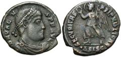 Roman Imperial Valens, 364 - 378 AD AE19, Siscia Mint, 2.24 grams Obverse: DN VALENS P F AVG, Diademed, draped and cuirassed bust of Valens right. Reverse: SECVRITAS REIPVBLICAE, Victory advancing lef