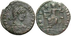 Roman Imperial Theodosius I, 379 - 395 AD AE18, Uncertain Mint, 2.19 grams Obverse: D N THEODOSIVS P F AVG, Diademed, draped and cuirassed bust of Theo right. Reverse: CONCORDIA AVGGG, Constantinopoli