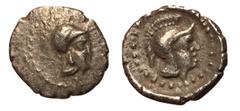 Greek Coins Dynasts of Lycia, Uncertain Dynast, Late 5th - Early 4th Century BC Silver Obol, 10mm, .53 grams Obverse: Helmeted head of Athena right. Reverse: Helmeted head of Athena right within pelle