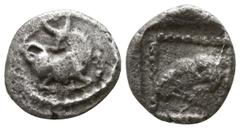 Greek Coins Dynasts of Lycia, Uncertain Dynast, 480 - 460 BC Silver Obol, 7mm, .60 grams Obverse: Bull kneeling right, head turned to left. Reverse: Ram's head left within dotted incuse border. ex Sav