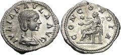 Roman Coins Julia Paula, 219 - 220 AD Silver Denarius, Rome Mint, 20mm, 3.07 grams Obverse: IVLIA PAVLA AVG, Draped bust of Julia right. Reverse: CONCORDIA, Concordia seated left holding patera, star 
