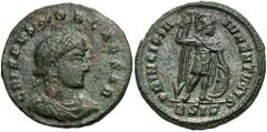 Roman Coins Crispus, as Caesar, 316 - 326 AD AE19, Siscia Mint, 2.99 grams Obverse: CRISPVS NOB CAESAR, Laureate, draped and cuirassed bust of Crispus right. Reverse: PRINCIPIA IVVENTVTIS, Crispus sta