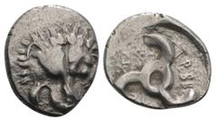 Greek Dynasts of Lycia, Trbbenimi, 380 - 370 BC Silver Tetrobol, 15mm, 2.61 grams Obverse: Lion scalp facing. Reverse: Triskeles. SNGvonAulock4215