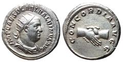 Roman Coins Balbinus, 238 AD Silver Antoninianus, Rome Mint, 22mm, 5.10 grams Obverse: IMP CAES D CAEL BALBINVS AVG, Radiate, draped and cuirassed bust of Balbinus right. Reverse: CONCORDIA AVGG, Clas