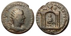 Roman Coins Volusian, 251 - 253 AD AE30, Seleucis & Pieria, Antioch Mint, 17.91 grams Obverse: Radiate and draped bust of Volusian right. Reverse: Tetrastyle temple with Tyche seated facing, river god