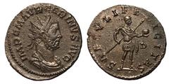Roman Coins Carinus, 283 - 285 AD AE Antoninianus, Lugdunum Mint, 23mm, 2.88 grams Obverse: IMP C M AVR CARINVS AVG, Radiate and cuirassed bust of Carinus right. Reverse: SAECVLI FELICITAS, Carinus in