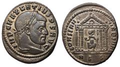 Roman Coins Maxentius, 306 - 312 AD AE Follis, Rome Mint, 26mm, 6.88 grams Obverse: IMP C MAXENTIVS P F AVG, Laureate head of Maxentius right. Reverse: CONSERV VRB SVAE, Roma seated left holding globe