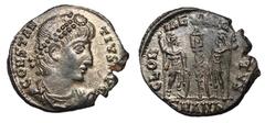 Roman Coins Constantius II, 330 - 335 AD AE Follis, Antioch Mint, 16mm, 1.33 grams Obverse: CONSTANTIVS AVG, Diademed and cuirassed bust of Constantius right. Reverse: GLORIA EXERCITVS, Two soldiers s