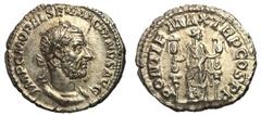 Roman Coins Macrinus, 217 - 218 AD Silver Denarius, Rome Mint, 20mm, 3.07 grams Obverse: IMP C M OPEL SEV MACRINVS AVG, Laureate and draped bust of Macrinus right. Reverse: PONTIF MAX TR P COS P P, Fi