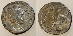 Roman Coins Julia Maesa, Issue by Elagabalus, 220 - 222 AD Silver Denarius, Rome Mint, 18mm, 3.10 grams Obverse: IVLIA MAESA AVG, Draped bust of Julia right. Reverse: PVDICITIA, Pudicitia seated left 
