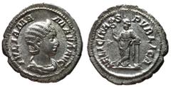 Roman Coins Julia Mamaea, Issue by Severus Alexander, 228 AD Silver Denarius, Rome Mint, 21mm, 3.19 grams Obverse: IVLIA MAMAEA AVG, Draped bust of Julia right wearing stephane. Reverse: FELICITAS PVB