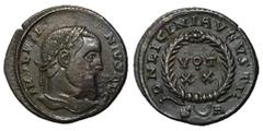 Roman Coins Licinius I, 308 - 324 AD AE Follis, Arelate Mint, 19mm, 2.61 grams Obverse: IMP LICINIVS AVG, Laureate head of Licinius right. Reverse: D N LICINI AVGVSTI, laurel wreath around VOT X X , S