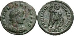 Roman Coins Crispus, as Caesar, 316 - 326 AD AE19, Siscia Mint, 2.99 grams Obverse: CRISPVS NOB CAESAR, Laureate, draped and cuirassed bust of Crispus right. Reverse: PRINCIPIA IVVENTVTIS, Crispus sta