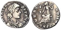 Roman Coins Valens, 364 - 378 AD Silver Siliqua, Treveri Mint, 18mm, 1.67 grams Obverse: D N VALENS P F AVG, Diademed, draped and cuirassed bust of Valens right. Reverse: VRBS ROMA, Roma seated left h