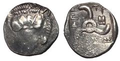 Greek Coins Dynasts of Lycia, Mithrapata, 390 - 370 BC Silver 1/6th Stater, Uncertain Mint, 13mm, 1.33 grams Obverse: Facing lion scalp. Reverse: Triskeles within incuse square, ME and knucklebone or 