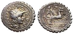 Roman Coins L. Pomponius Cn.f., 118 BC Silver Denarius, Narbo Mint, L POMPONI CNF, Helmeted head of Roma right with X behind. Reverse: Gallic warrior (Bituitus?) driving galloping biga right hurling s