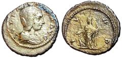 Roman Coins Julia Maesa, 218 - 225 AD Silver Denarius, Antioch Mint, 19mm, 2.49 grams Obverse: IVLIA MAESA AVG, Draped bust of Julia right. Reverse: IVNO, Juno standing left holding patera and scepter