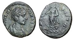 Roman Coins Helena, Issue by Constantine, 326 - 327 AD AE Follis, Constantinople Mint, 16mm, 1.63 grams Obverse: FL IVL HELENAE AVG, Draped bust of Helena right. Reverse: PAX PVBLICA, Pax standing lef