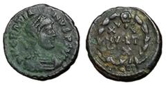 Roman Coins Gratian, 367 - 383 AD AE Follis, Arelate Mint, 15mm, 1.58 grams Obverse: D N GRATIANVS P F AVG, Diademed, draped and cuirassed bust of Gratian right. Reverse: VOT XV MV.LT XX within wreath