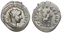 Roman Coins Gordian III, 238 - 244 AD Silver Antoninianus, Rome Mint, 25mm, 3.44 grams Obverse: IMP GORDIANVS PIVS FEL AVG, Radiate, draped and cuirassed bust of Gordian right. Reverse: P M TR P V COS