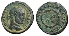 Roman Coins Licinius I, 308 - 324 AD AE Follis, Arelate Mint, 20mm, 2.94 grams Obverse: D N LICINIVS AVG, Laureate head of Licinius right. Reverse: D N LICINI AVGVSTI, Laurel wreath around VOT . XX, S