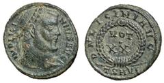 Roman Coins Licinius I, 308 - 324 AD AE Follis, Thessalonica Mint, 19mm, 2.90 grams Obverse: IMP LICINIVS AVG, Laureate head of Licinius right. Reverse: D N LICINI AVG, Laurel wreath arount VOT . XX, 