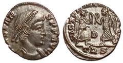 Roman Coins Constans, 337 - 350 AD AE Follis, Treveri Mint, 15mm, 1.23 grams Obverse: CONSTANS P F AVG, Diademed, draped and cuirassed bust of Constans right. Reverse: VICTORIAE DD AVGG Q NN, Two Vict