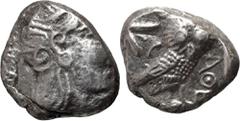 Ancient Greece, Attica, 350-294 BC, Tetradrachm, AthensWeight 14,87 g, 24 mm. Waga 14,87 g, 24 mm. Awers: Głowa Ateny. Rewers: Sowa. Tetradrachma ateńska, „sowa" z późniejszych emisji, IV-III w p.n.e.
