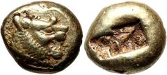 Ancient Greece, Lydia, Alyattes to Kroisos, 610-546 BC, EL Trite -1/3 Stater, Sardeis, lion`s headWeight 4,68 g, 14 mm. Electrum. Nice coin.Waga 4,68 g, 14 mm. Elektron. Awers: głowa lwa, nad nią słoń