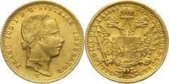 Austria Austria, Franz Joseph I, Ducat 1865 E, Karlsburg Austria, Franciszek Józef I, dukat 1865 E, Karlsburg Gold 3,49 g. Złoto 3,49 g. Grade: XF-/VF+ Literature: Friedberg 235, Herinek 122 More phot