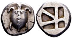 The Lundahl collection (1955-1995) Aegina, Aegina. Ca. 480-457 BC. AR stater, 12.0 g. Sea turtle / skew pattern within incuse square. Milbank, pl. 1, 14. Choice very fine.