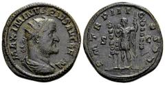Roman Imperial Maximinus I Thrax Rome, 237 AD. Æ dupondius,12.61 g. MAXIMINUS PIUS AUG GERM radiate, draped, cuirassed bust right / PM TRP III COS PP emperor standing left, raising hand and holding sp