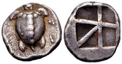 The Lundahl collection (1955-1995) Aegina, Aegina. Ca. 480-457 BC. AR stater, 12.32 g. Sea turtle / skew pattern within incuse square. Milbank, pl. 1, 15. Choice very fine. The turtle was sacred to Ae