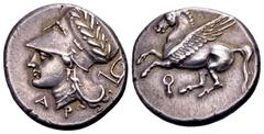 Greek Korinthia, Korinth ca. 375-300 BC. AR stater, 8.58 gr. Pegasos flying left; below: Φ / helmeted head of Athena left, laurel wreath on bowl; to lower left: A P, behind: plow. BCD Corinth 107 Extr